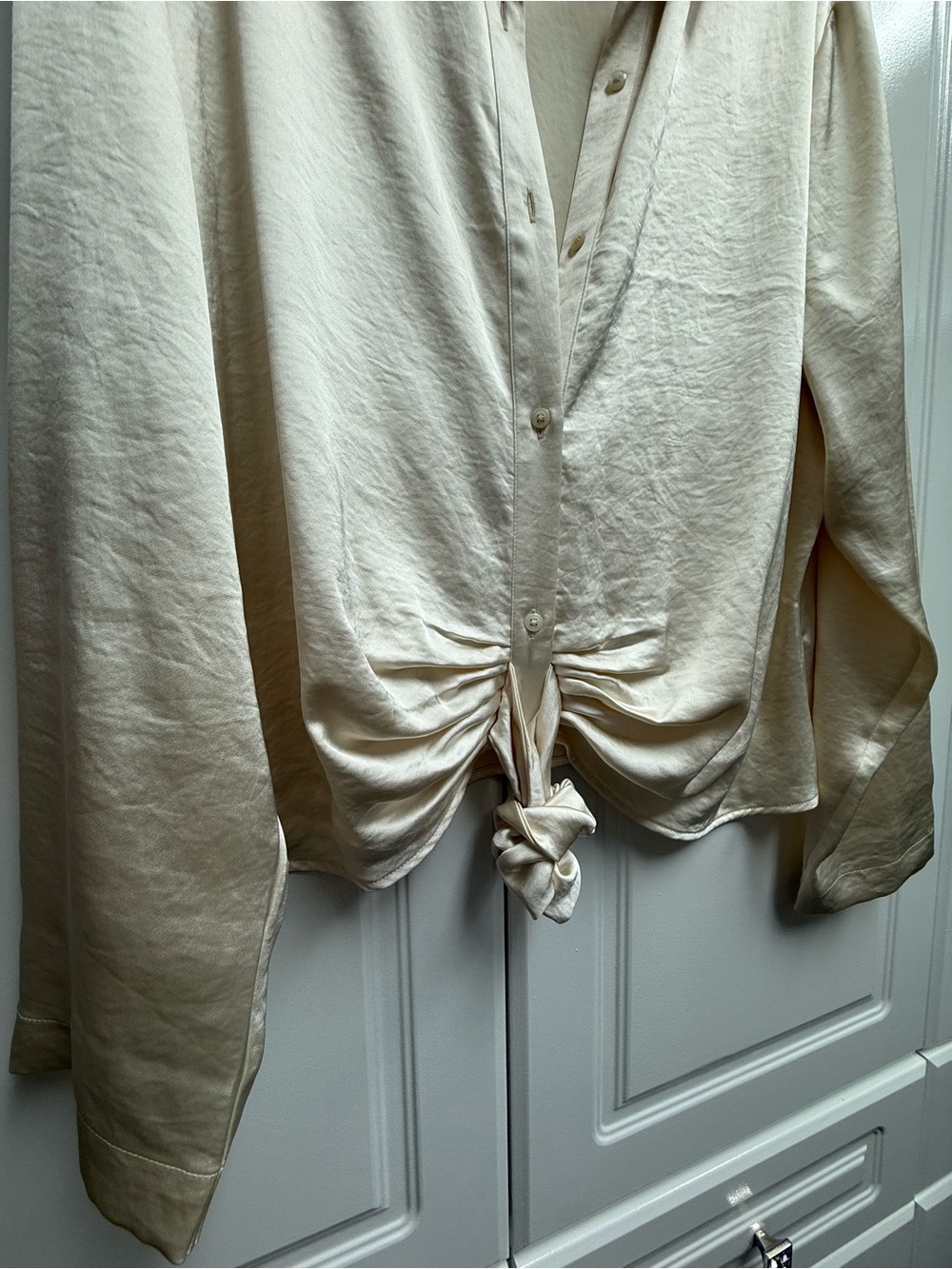 Express Cream Tie-Front Satin Button-Down Shirt - Picture 3 of 4